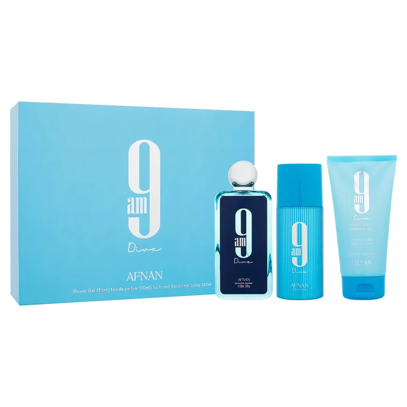 Estuche Afnan 9am Dive EDP 100 ml + Desodorante 150 ml + Shower Gel 150 ml original, set de regalo de Afnan