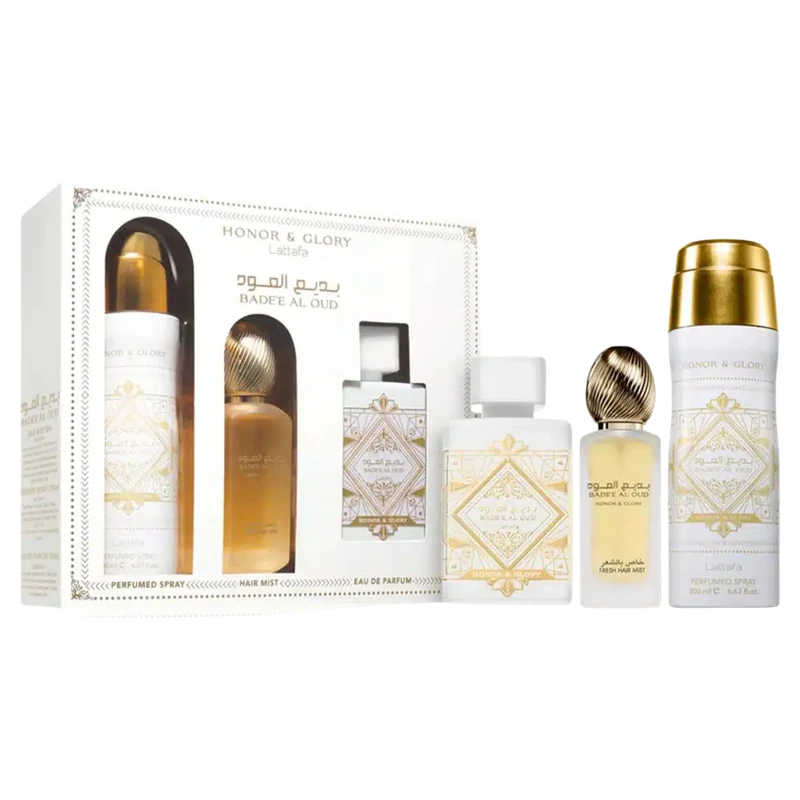 Estuche Lattafa Badee Al Oud Honor & Glory EDP 100 ml + Perfume Spray 200 ml + Hair Mist 50 ml original, set de regalo de Lattafa