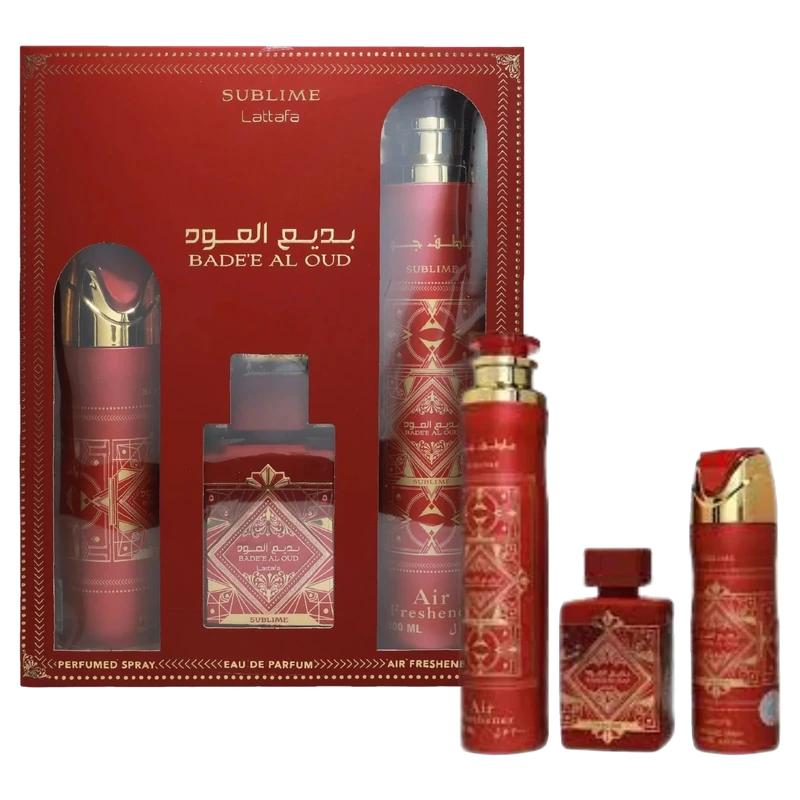 Estuche Lattafa Badee Al Oud Sublime EDP 100 ml + Perfume Spray 200 ml + Aromatizante 300 ml original, set de regalo de Lattafa