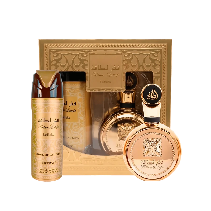 Estuche Lattafa Fakhar Extrait EDP 100 ml + Perfume Spray 200 ml original, set de regalo de Lattafa