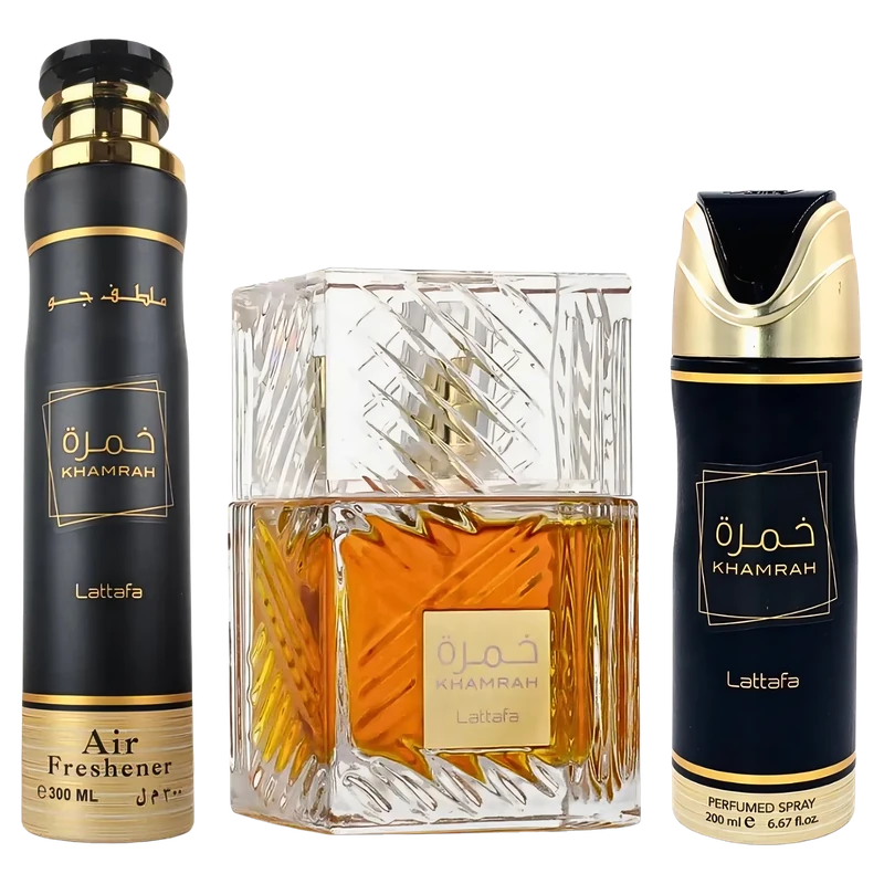 Estuche Lattafa Khamrah EDP 100 ml + Desodorante 200 ml + Aromatizante 300 ml original, set de regalo de Lattafa