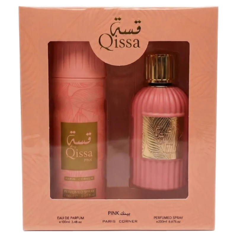 Estuche Paris Corner Qissa Pink EDP 100 ml + Perfumed Spray 200 ml original, set de regalo de Paris Corner