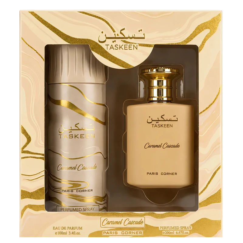 Estuche Paris Corner Taskeen Caramel Cascade EDP 100 ml + Perfumed Spray 200 ml original, set de regalo de Paris Corner